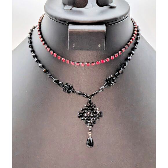 Vintage Lot of Two Black Crystal & Red Rhinestone Necklaces - Picture 1 of 6